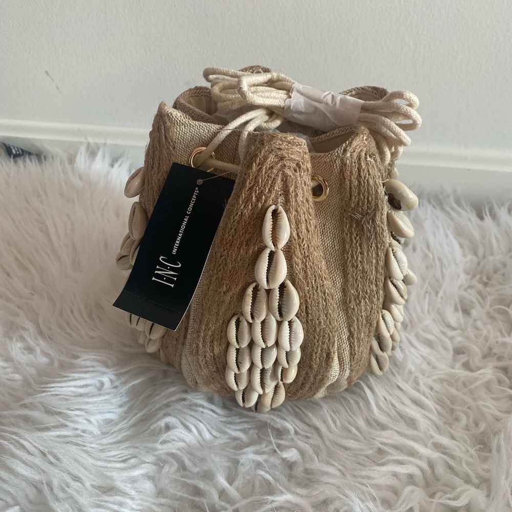 INC Beige and White Shell Embellished Beach Bucket Bag